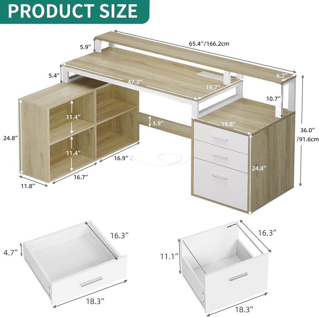 YITAHOME L Shaped Desk with 3 Drawers, 65" Corner Computer Desk with Power Outlets & LED Lights, L-Shaped Desk with File Cabinet & Printer Stand for Home Office, White & Oak