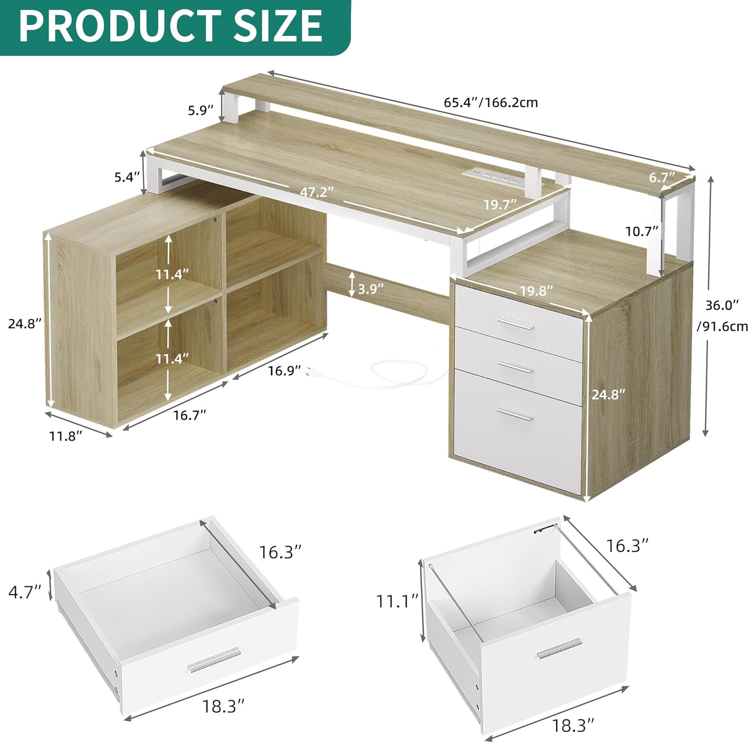 YITAHOME L Shaped Desk with 3 Drawers, 65" Corner Computer Desk with Power Outlets & LED Lights, L-Shaped Desk with File Cabinet & Printer Stand for Home Office, White & Oak