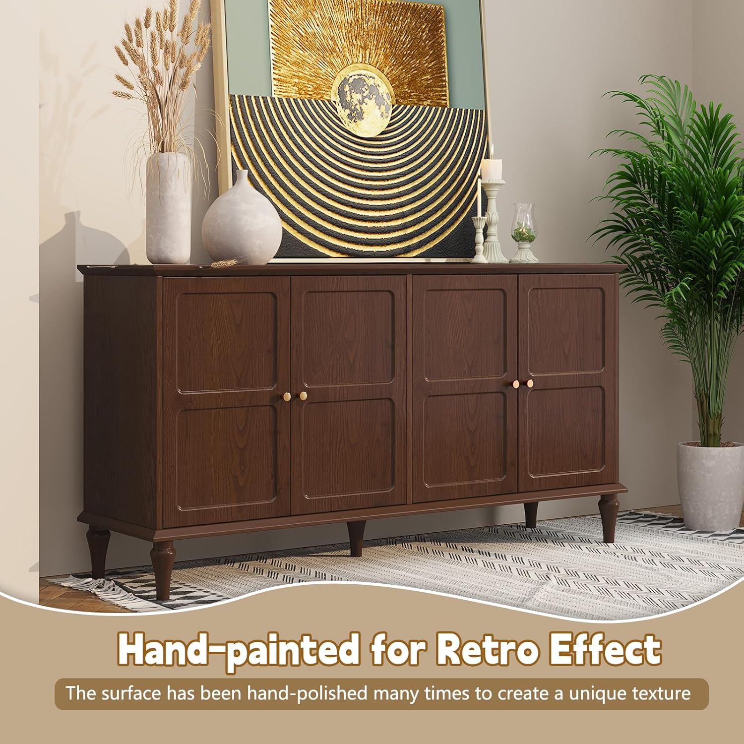 ARTPOWER Sideboard Buffet Cabinet with Storage, 58'' Mid-Century Modern Storage Cabinet with 4 Doors and Adjustable Shelves, Accent Style Sideboard for Entryway, Dining Room, Living Room, Brown