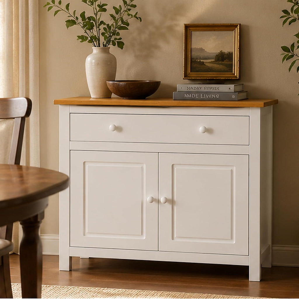 From the Tree Furniture 44" Wide White & Pine Top Solid Pine Shaker Sideboard Buffet Cabinet — 2 Doors, Adjustable Shelves & 1 Drawer — Anti-Tip Included — Two-Tone Farmhouse Finish for Dining Room