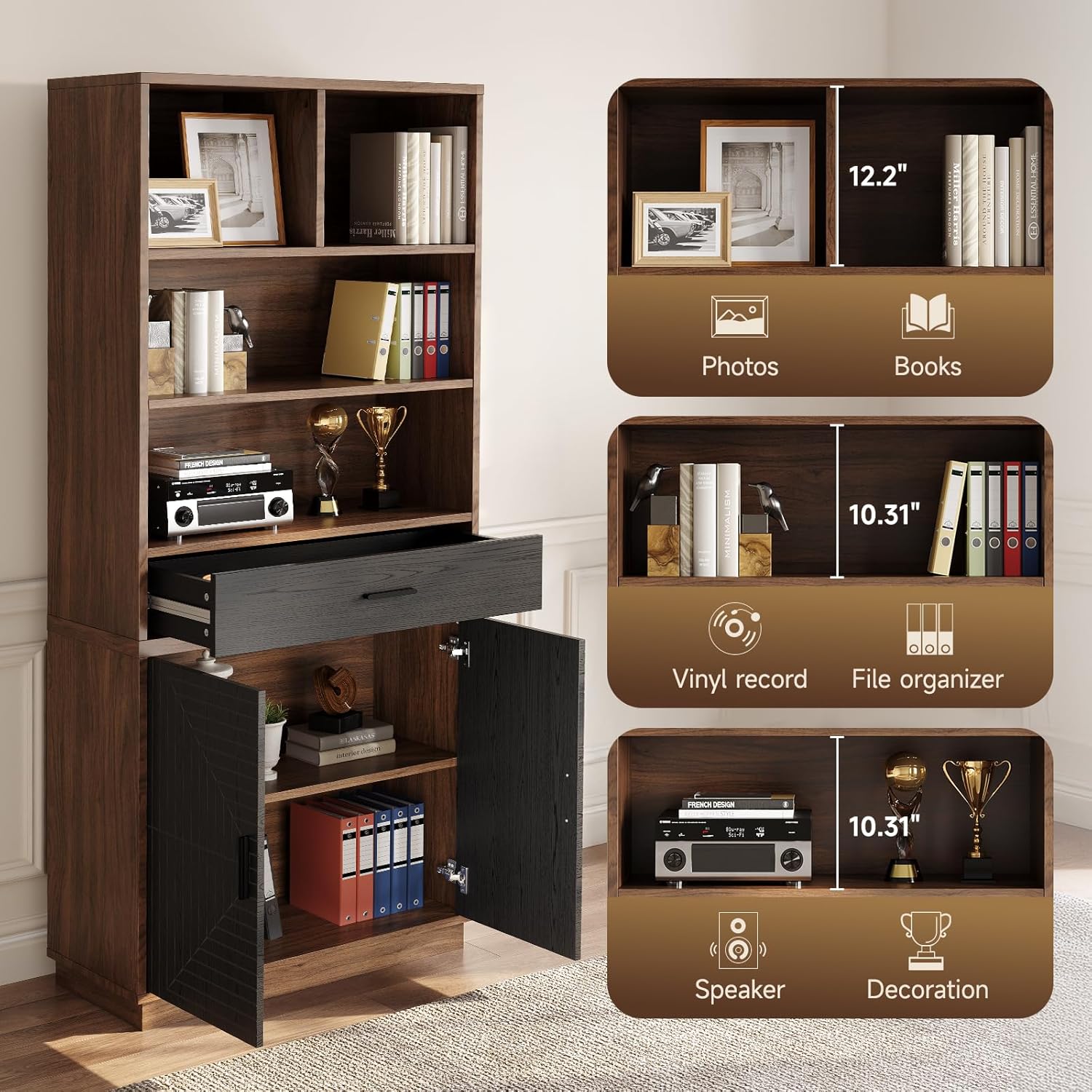 ONBRILL Home Office Furniture Sets, 55'' Standing Desk with 55'' File Cabinet, Electric Height Adjustable Standing Desk with 71'' Tall Modern Bookshelf, Home Office Furniture Set, Walnut