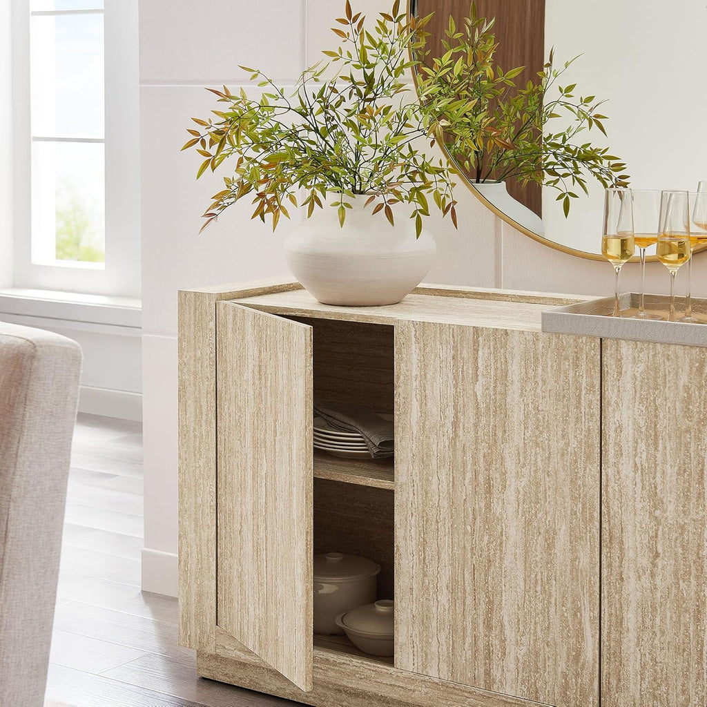 Modway Hollis Sideboard with Faux Travertine Finish - Large 59 Inch 3 Door Storage Buffet Cabinet with Adjustable Shelves for Living Room, Dining Room, Entryway, Hallway, Kitchen in Travertine