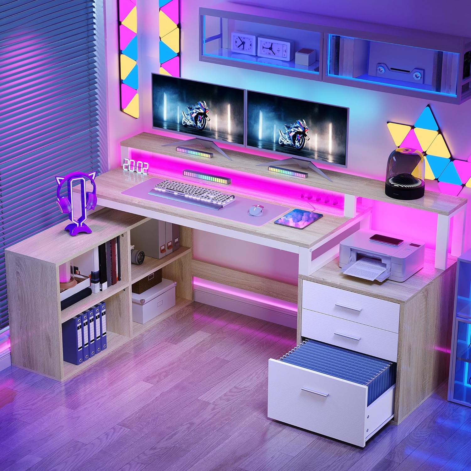 YITAHOME L Shaped Desk with 3 Drawers, 65" Corner Computer Desk with Power Outlets & LED Lights, L-Shaped Desk with File Cabinet & Printer Stand for Home Office, White & Oak