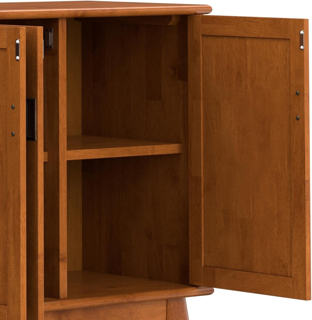 SIMPLIHOME Draper Buffet - 66 inch Wide Solid Hardwood 4-Door Sideboard Buffet in Teak Brown, Mid-Century Modern Cabinet for Dining Room or Kitchen with Adjustable Shelves and Tapered Legs