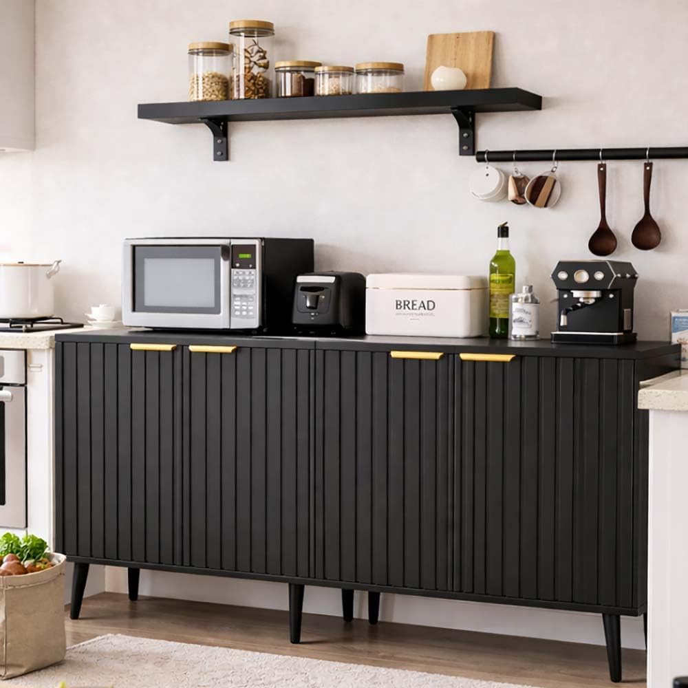 Pamapic Black Fluted Storage Cabinet, Sideboard Buffet with Doors and Shelf, Wooden Console Table & Credenza, Multifunctional Entryway Cabinet for Living Room, Dining Room (Black)