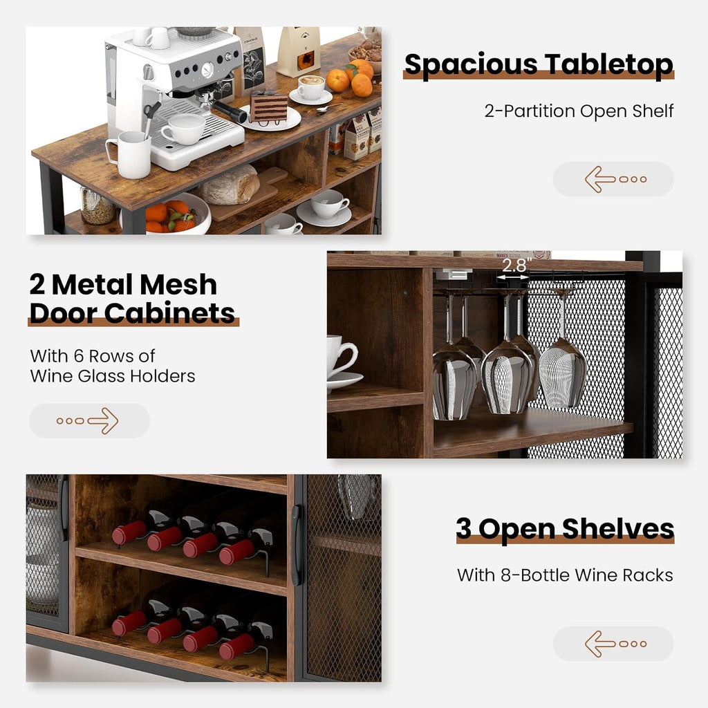Giantex Coffee Bar Cabinet for Liquor and Glasses, 55' Buffet Sideboard with 8-Bottle Wine Racks, 6 Rows of Wine Glass Holders, Mesh Doors, Bar Cabinet for Kitchen, Dining Room, Living Room (Brown)