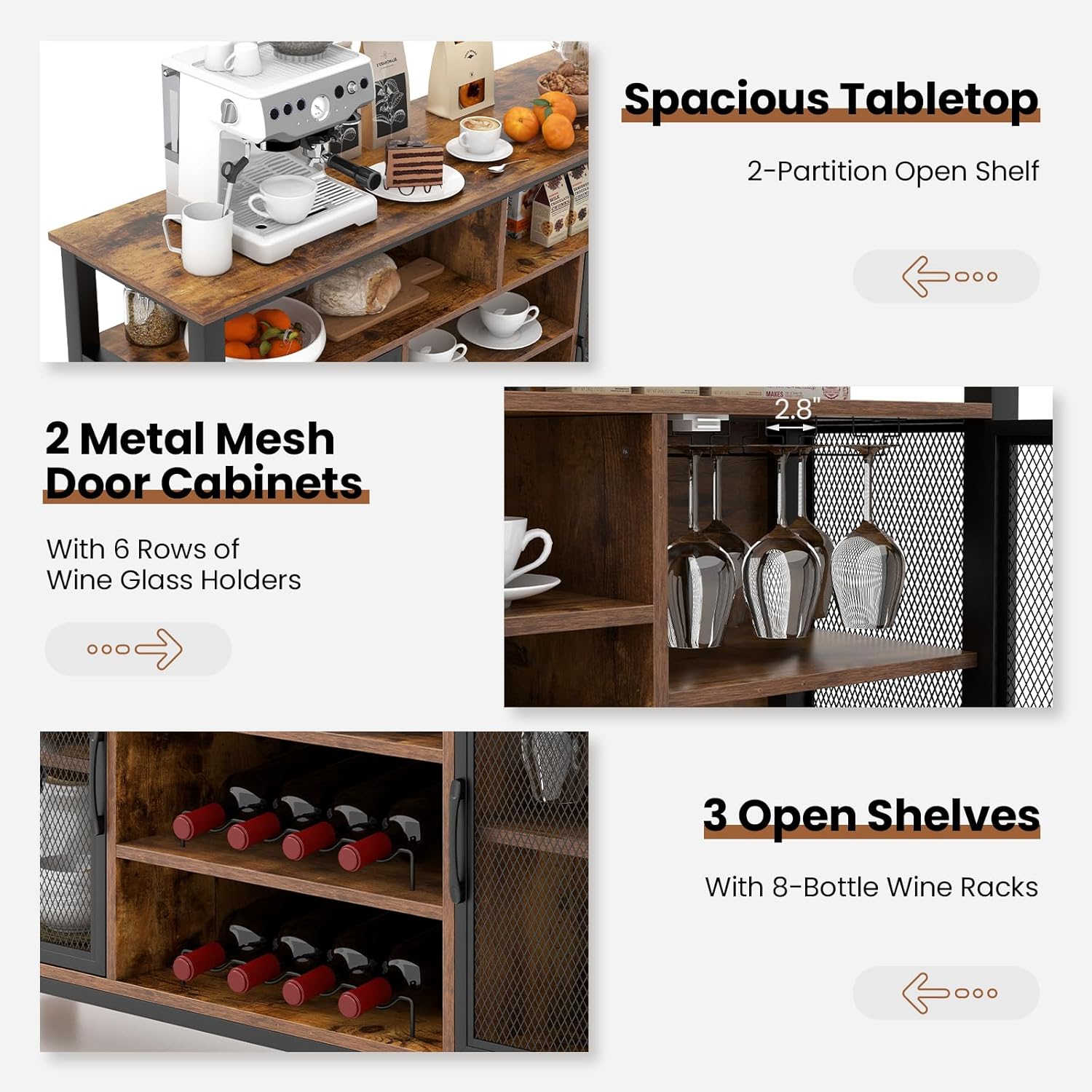 Giantex Coffee Bar Cabinet for Liquor and Glasses, 55' Buffet Sideboard with 8-Bottle Wine Racks, 6 Rows of Wine Glass Holders, Mesh Doors, Bar Cabinet for Kitchen, Dining Room, Living Room (Brown)