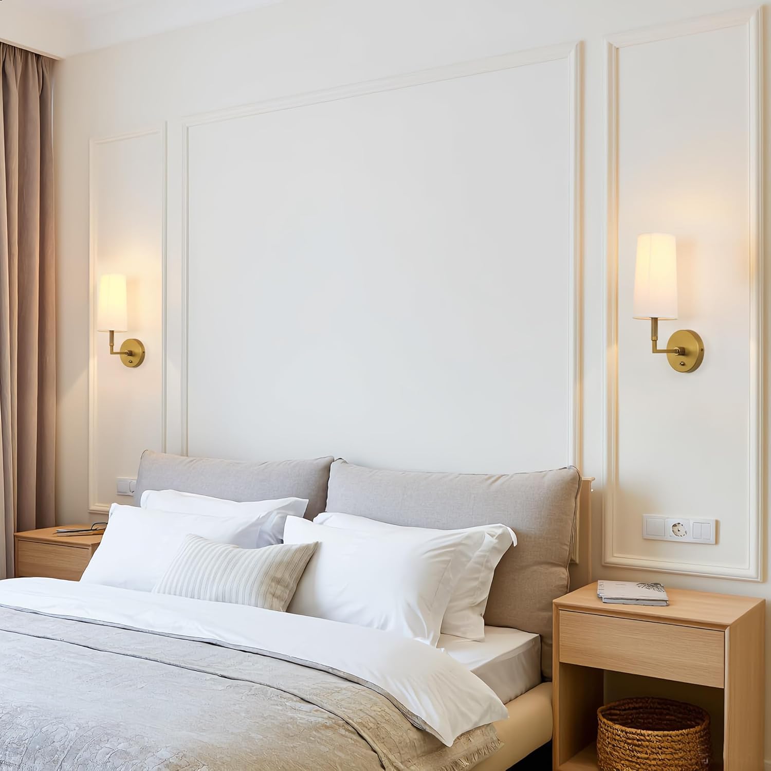 Brass Wall Sconces Set of Two, Hardwired White Fabric Shade Wall Lamps, Bathroom Vanity Lights Fixture with Switch, Indoor Wall Lights for Bedroom Living Room Corridor