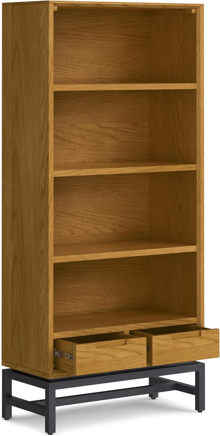 SIMPLIHOME Banting Bookcase - 66 inch Tall Solid Oak Veneer and Metal Bookshelf, Industrial Storage for Living Room, Study Room or Office with Open Shelves and Metal Frame