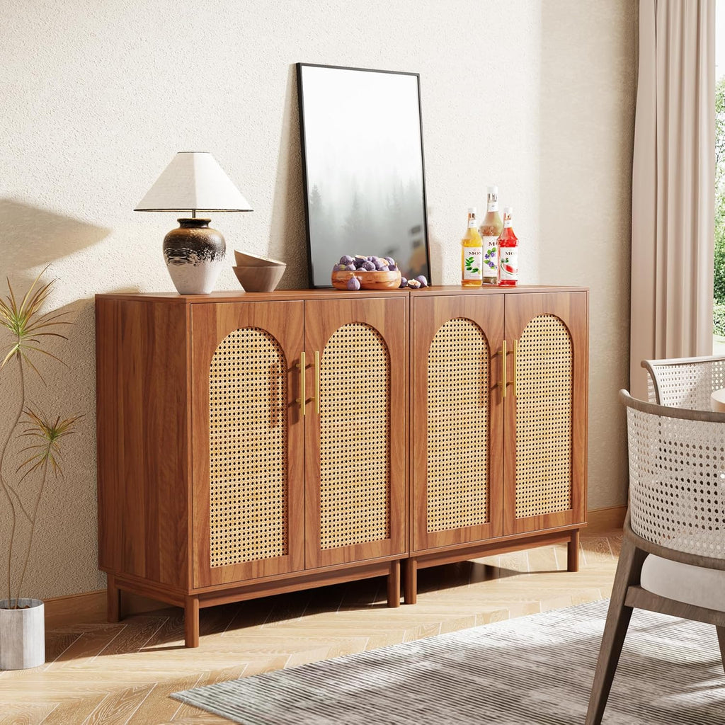 Tribesigns Set of 2 Rattan Sideboard Buffet with Storage, 59 Inch Accent Cabinet with Doors, Storage Cabinet for Dining Room, Living Room, Kitchen, Caramel Brown