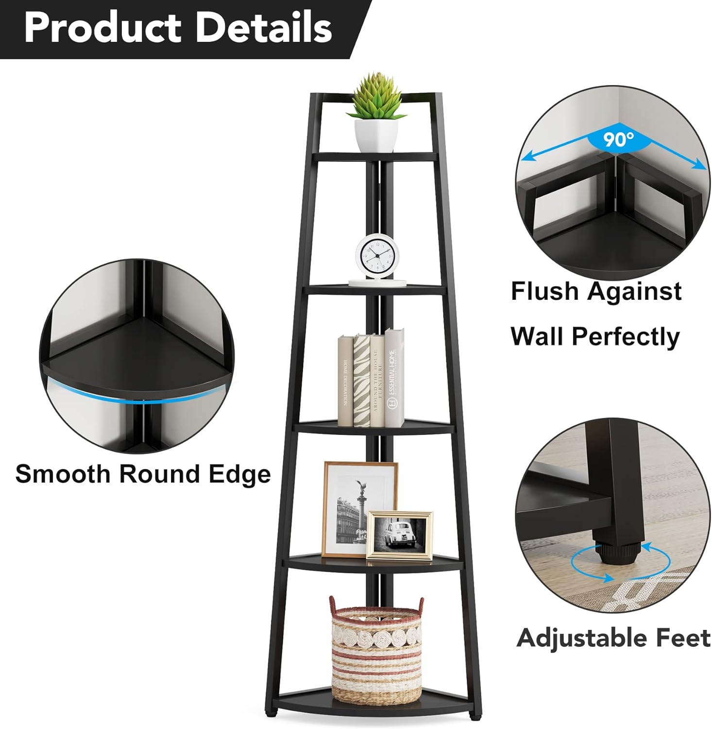 Tribesigns 5 Tier Corner Bookshelf and Bookcase, 70 inch Tall Corner Shelves Standing Shelving Unit Indoor Plant Stand for Living Room, Kitchen, Home Office (Black)