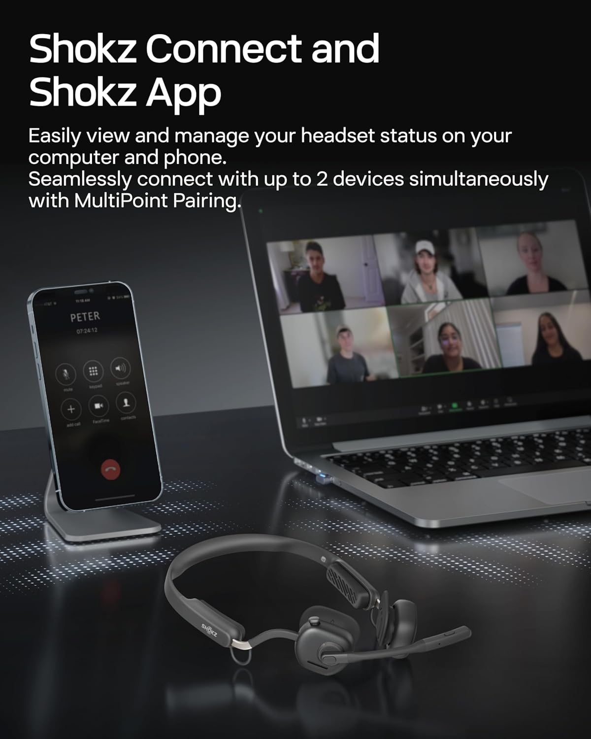 SHOKZ New OpenMeet - Open-Ear Bluetooth Computer Headset, Noise Cancelling Mic + Mute Button, Bluetooth 5.4 Compatible with PC & Mac, Wireless Work Headphones, Customizable Fit, Smart App - C610