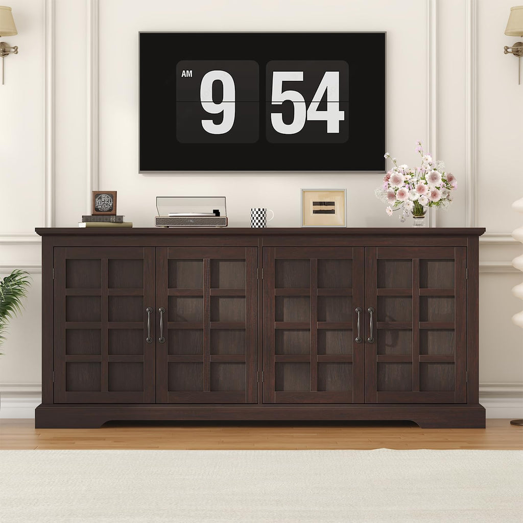 VVFLU 70" Sideboard Buffet Cabinet with Storage, Coffee Bar Cabinet with and 4 Doors, Long Wider Storage Cabinet Modern Farmhouse, Brown Wood, for Kitchen, Dining Room, Living Room