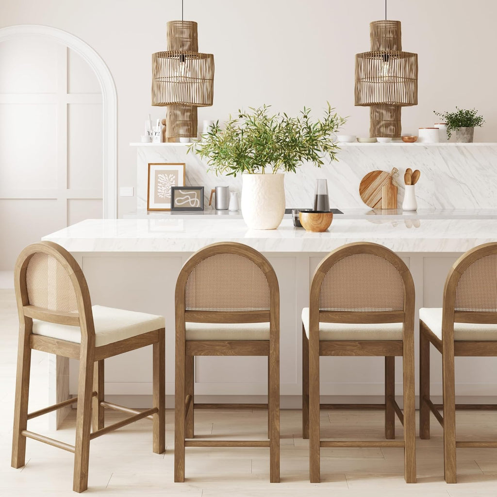 Nathan James Bailey Boucle Upholstered Rattan Bar Stool, Counter Height Stool with Natural Rattan Woven Back For Kitchen Island, Light Brown, Set of 4