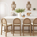 Nathan James Bailey Boucle Upholstered Rattan Bar Stool, Counter Height Stool with Natural Rattan Woven Back For Kitchen Island, Light Brown, Set of 4
