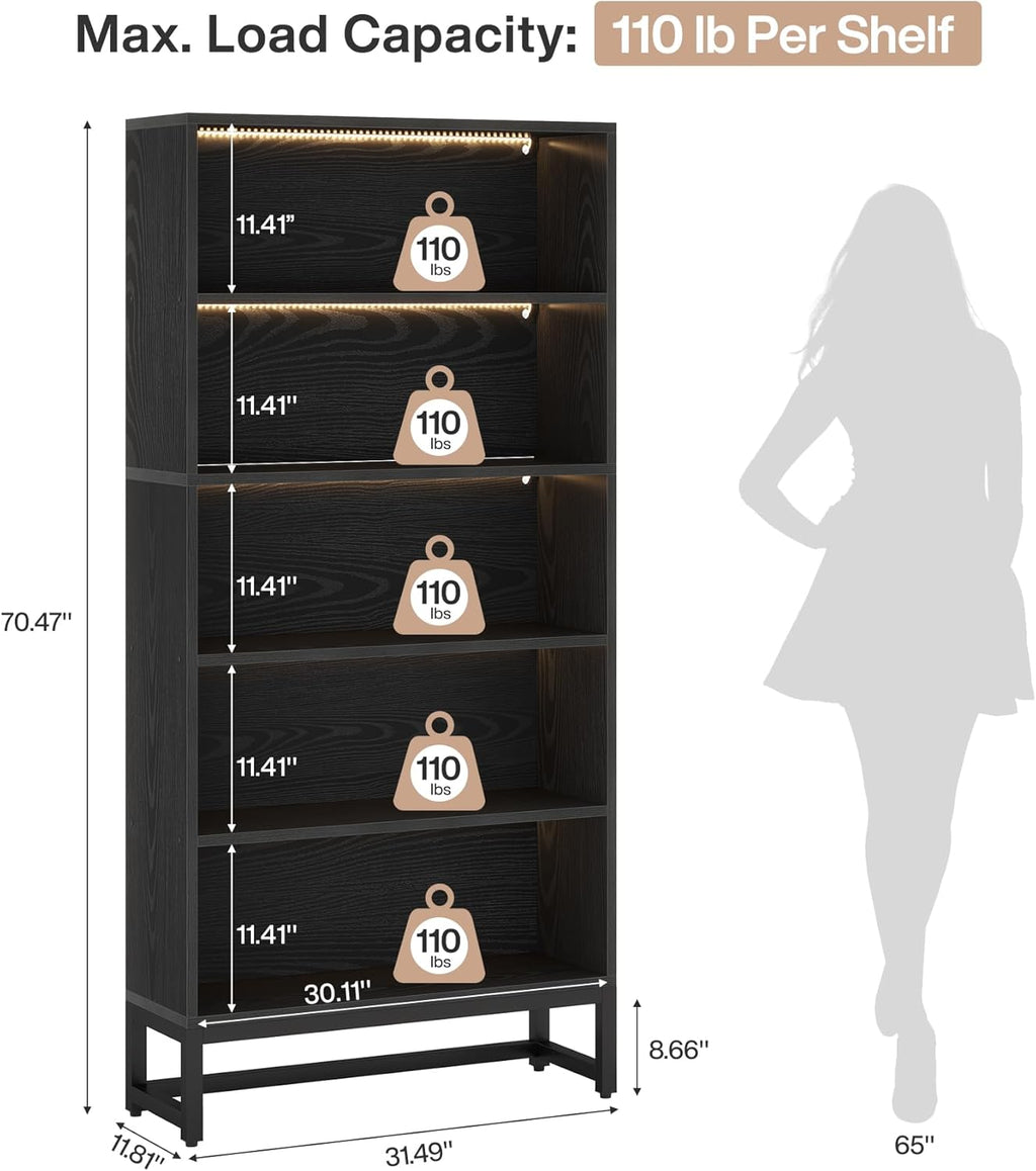 Tribesigns Tall Bookcase Black Bookshelf, 70.8” Large Bookcases Organizer with LED Lights, Heavy Duty Free-Standing Library Bookshelf with 5-Tier Storage Shelves for Living Room, Bedroom (Black)