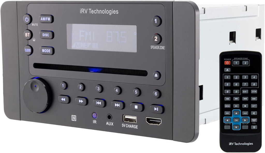IRV Technology iRV62 Wallmount RV Stereo with Bluetooth HDMI ARC, App Control, FM|AM|DVD|CD|MP4|App, NFC, USB Charging, Digital Surround Sound, Clock, 2-Speaker Zone, CEC Support