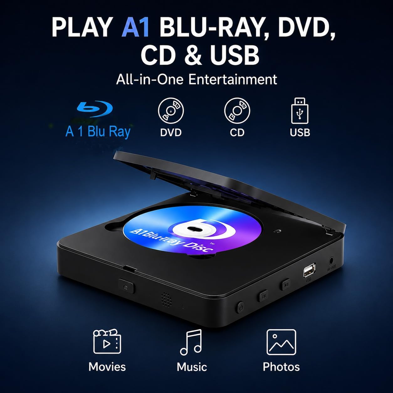 Blu Ray DVD Player for Smart & Old TVs, 1080P Home Theater Player with HDMI & AV Output, Supports 128GB USB Playback, Dolby DTS Audio, Plays A1 Blu-ray Discs, DVDs & CDs