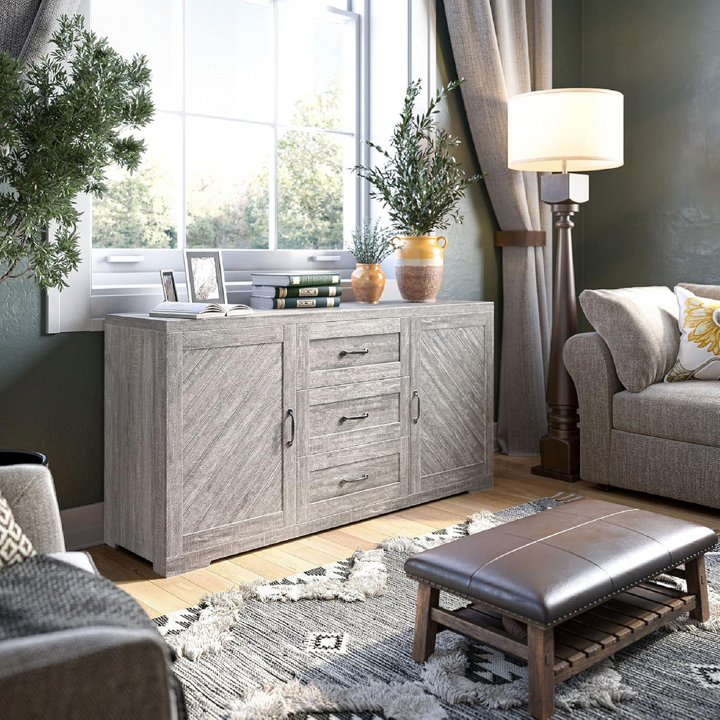 BELLEZE 60" Sideboard Buffet Cabinet, Console Table with Three Drawers & Two Storage Cabinet for Dining Room, Kitchen, and Living Room- Hilo (Gray Wash)