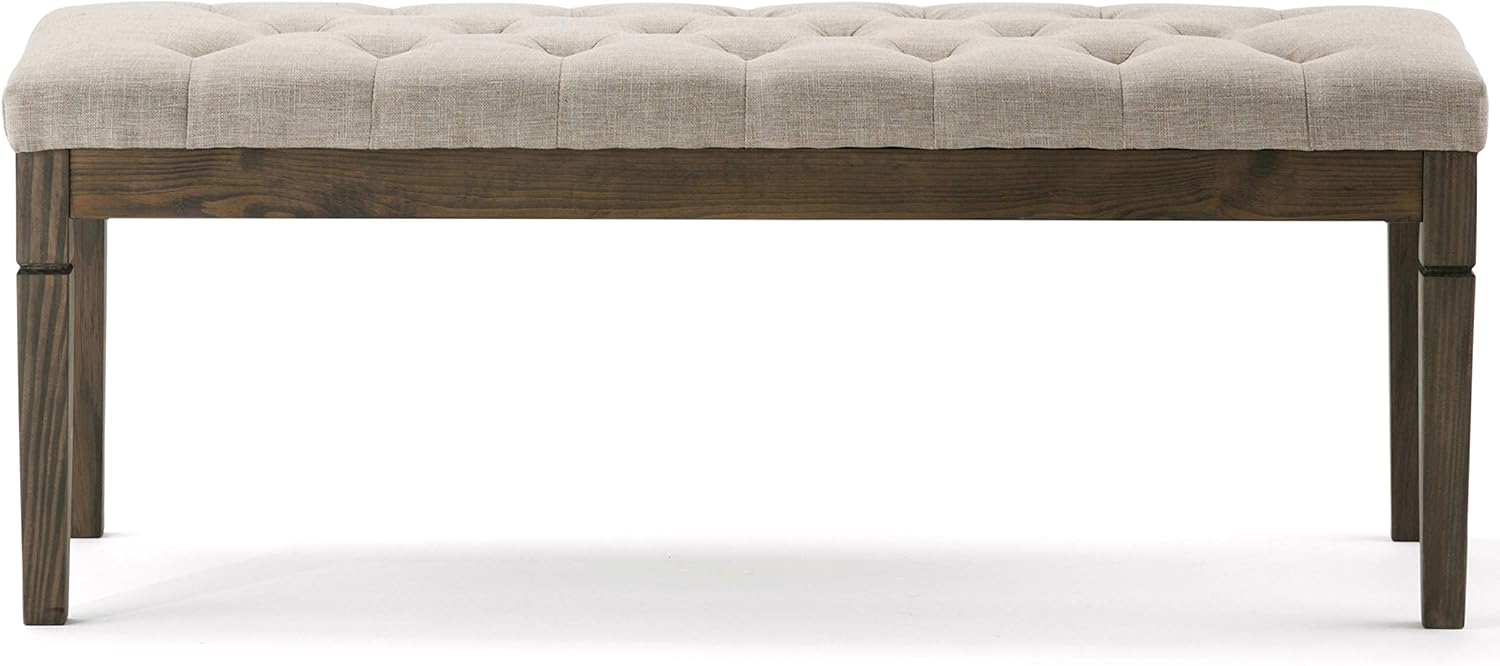 SIMPLIHOME Waverly Tufted Ottoman Bench - 48 inch Wide Upholstered Linen Look Fabric Rectangle Footstool Ottoman in Natural, Traditional Bench for Bedroom, Entryway or Living Room with Carved Legs