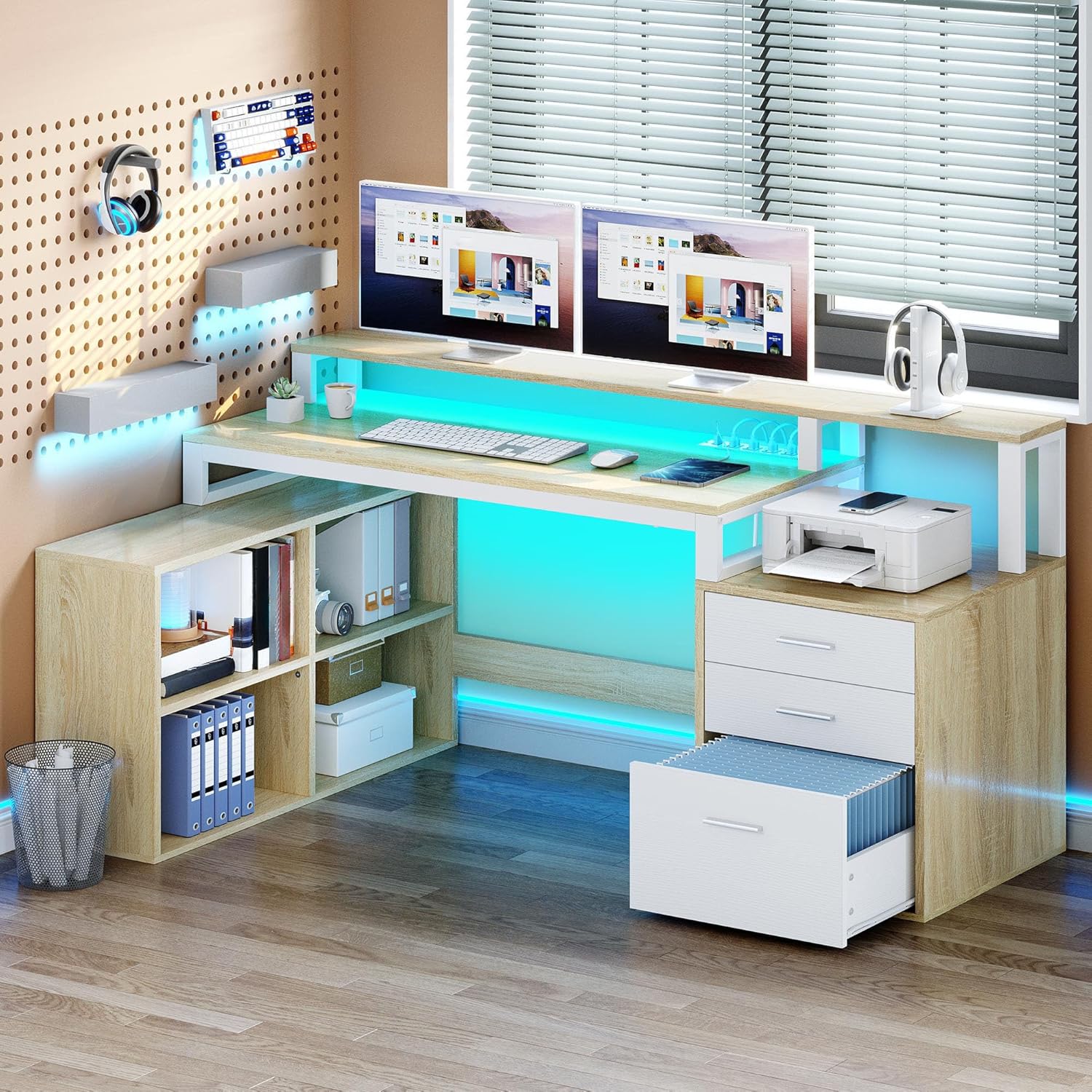 YITAHOME L Shaped Desk with 3 Drawers, 65" Corner Computer Desk with Power Outlets & LED Lights, L-Shaped Desk with File Cabinet & Printer Stand for Home Office, White & Oak
