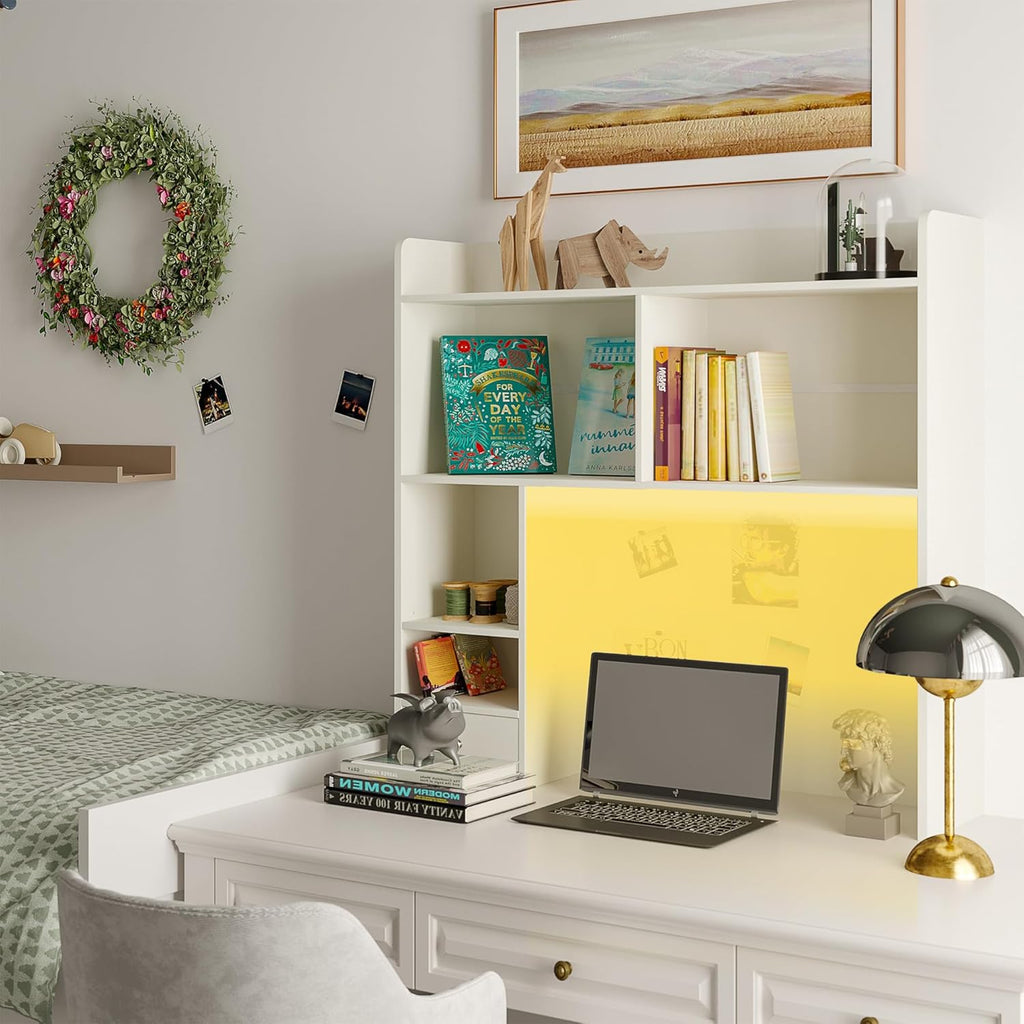 ChooChoo Desktop Bookshelf with Lights, 36.4" Tall Countertop Desk Hutch with 5 Shelves and 1 Drawer for Computer Desk, Desk Shelf Organizer for Dorm Office Home,White