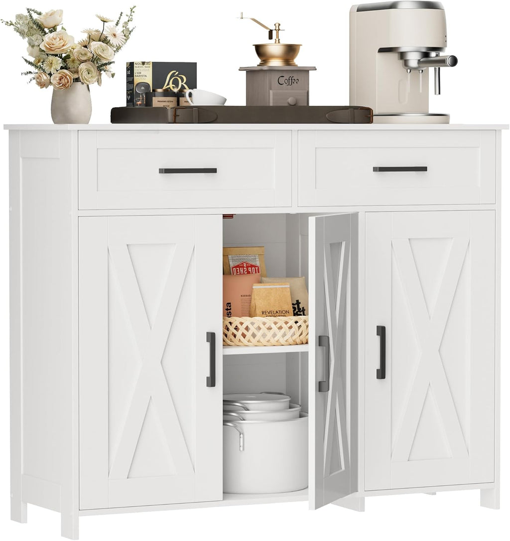Homhedy Sideboard Buffet Cabinet, Coffee Bar Storage Cabinet with Drawers and Doors, Farmhouse Kitchen Cabinet with Adjustable Shelves, for Kitchen, Dining Room, Living Room, White