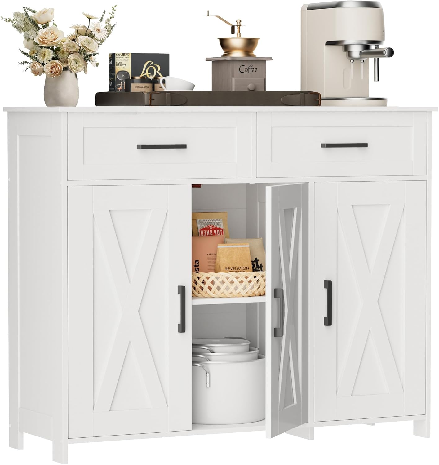 Homhedy Sideboard Buffet Cabinet, Coffee Bar Storage Cabinet with Drawers and Doors, Farmhouse Kitchen Cabinet with Adjustable Shelves, for Kitchen, Dining Room, Living Room, White