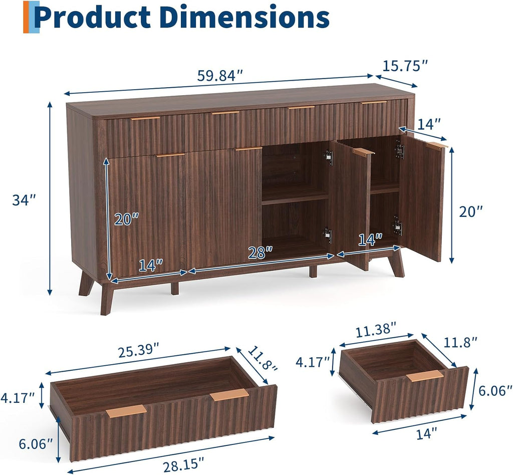 IDEALHOUSE 60" Large Farmhouse Sideboard Buffet Cabinet with Storage Drawers & Adjustable Shelves, Wood Fluted Buffet Storage Cabinet & Coffee Bar Console Table for Living Room & Kitchen Dining Room