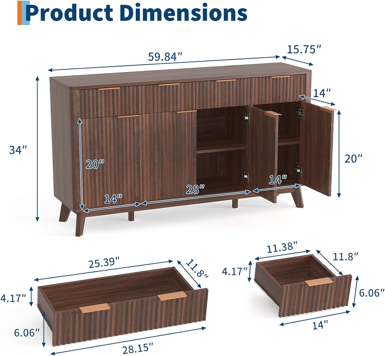 IDEALHOUSE 60" Large Farmhouse Sideboard Buffet Cabinet with Storage Drawers & Adjustable Shelves, Wood Fluted Buffet Storage Cabinet & Coffee Bar Console Table for Living Room & Kitchen Dining Room