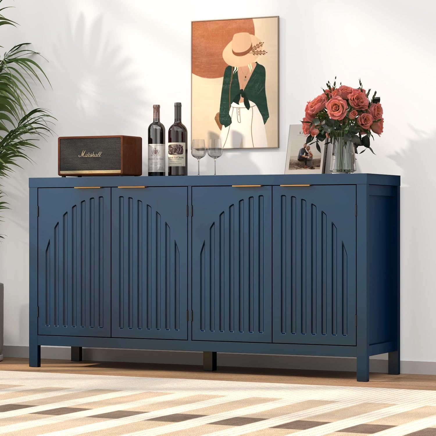 Fluted Sideboard Buffet Cabinet with Storage, 58'' Mid Century Modern Accent Credenza with Arch Doors & Adjustable Shelves, Wooden Coffee Bar for Dining Room Kitchen Living Room Entryway Hallway