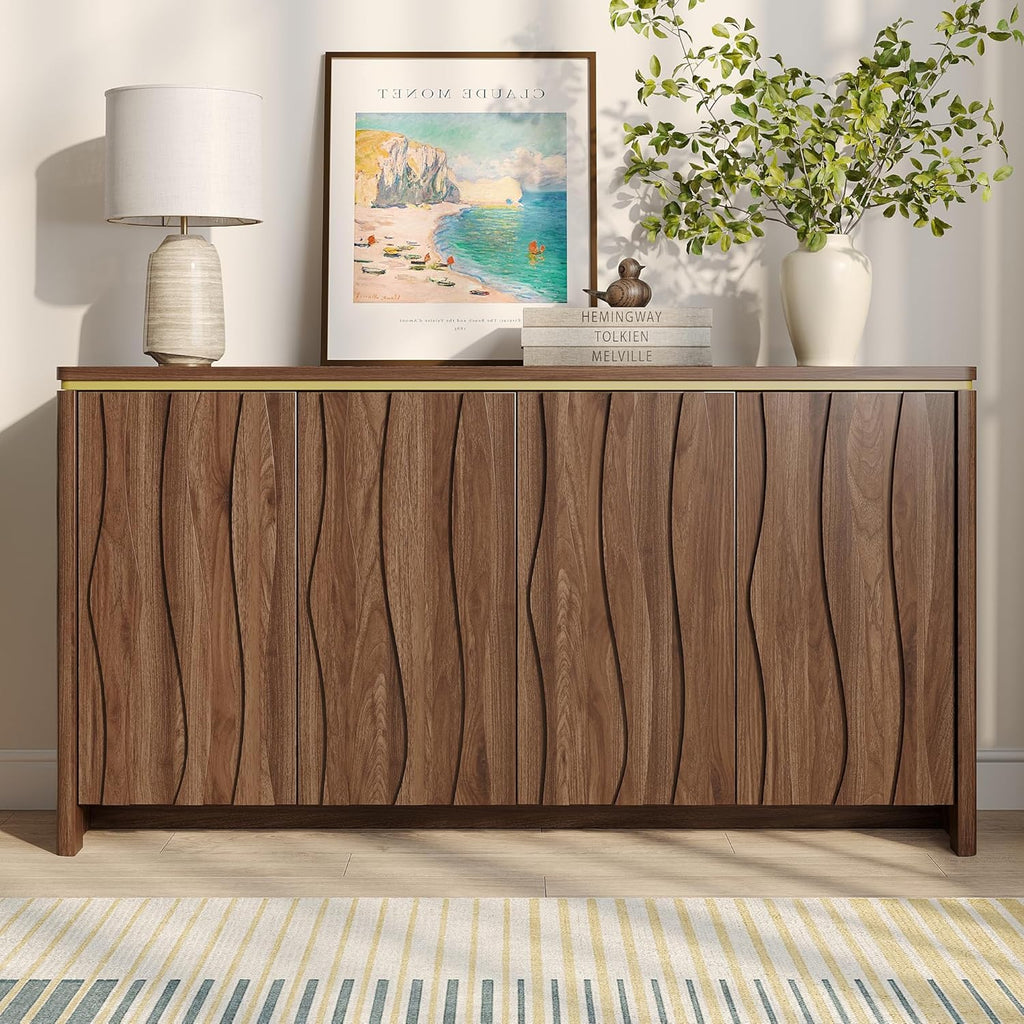 Vabches Fluted Buffet Cabinet with Storage, 3D Ripple Pattern Doors and Curved Edges, Modern Sideboard for Kitchen, Entryway, 4 Doors & Adjustable Shelf, Walnut, 57.9" W
