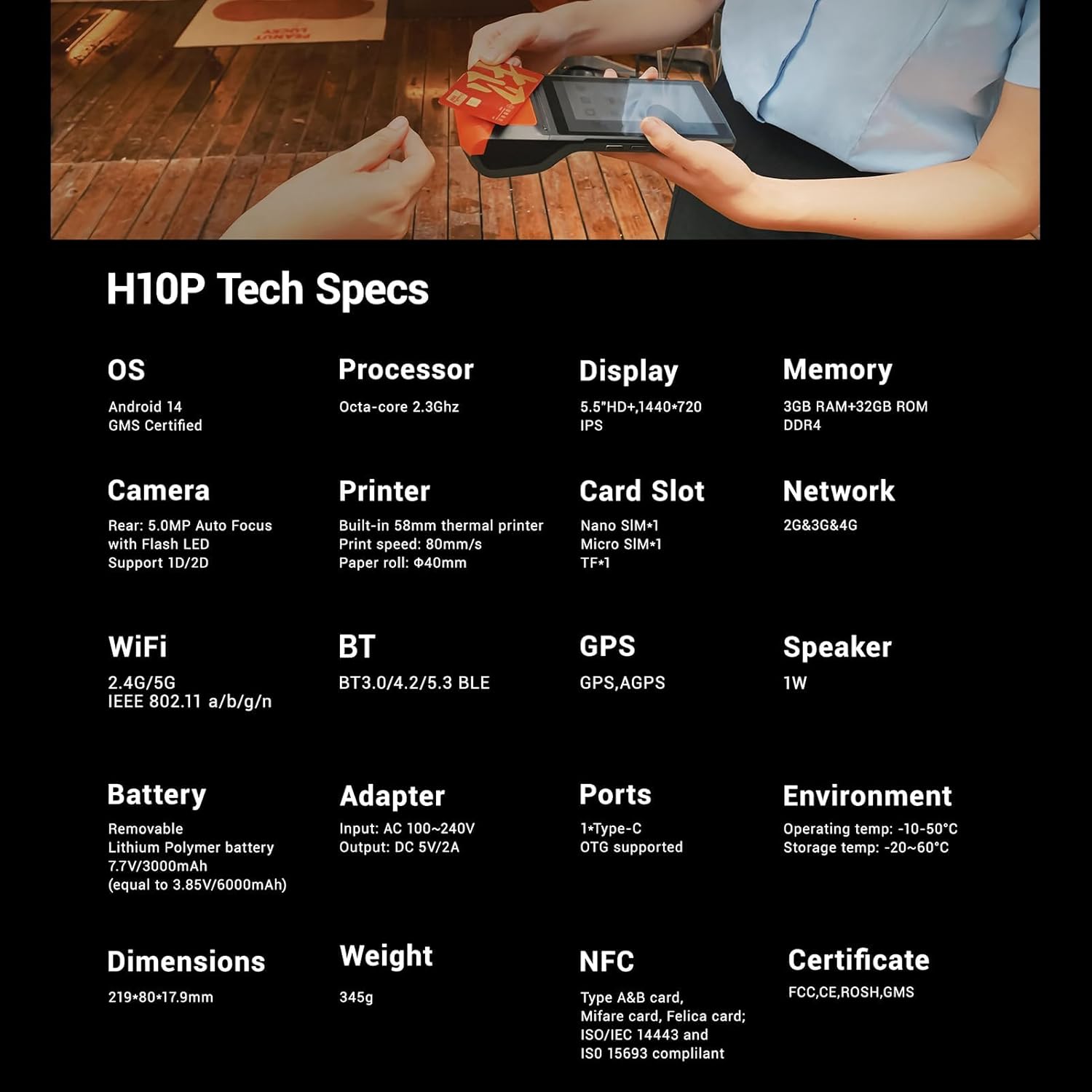 Bisofice Android 14 Handheld POS Receipt Printer 1D/2D/QR Barcode Scanner PDA 5.5” Touchscreen 5MP Camera WiFi 4G BT for Warehouse Inventory, Logistics, Retail, POS System