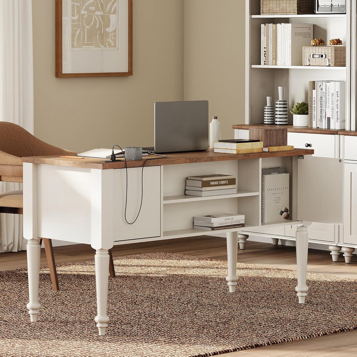 WAMPAT Home Office Furniture Set, 56" Executive Desk with Charging Station, 72" Tall Bookcase with 3 Drawers, Wood Computer Desk with File Cabinet Storage, Open Shelf, White