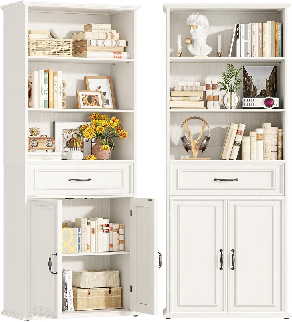 Cyclysio 80" Tall Bookcase Set of 2, Farmhouse 2 Set Bookshelves with Drawer and Doors, Floor Standing 6 Shelf Display Storage Cabinet for Home Office, Living Room (2, Antique White)