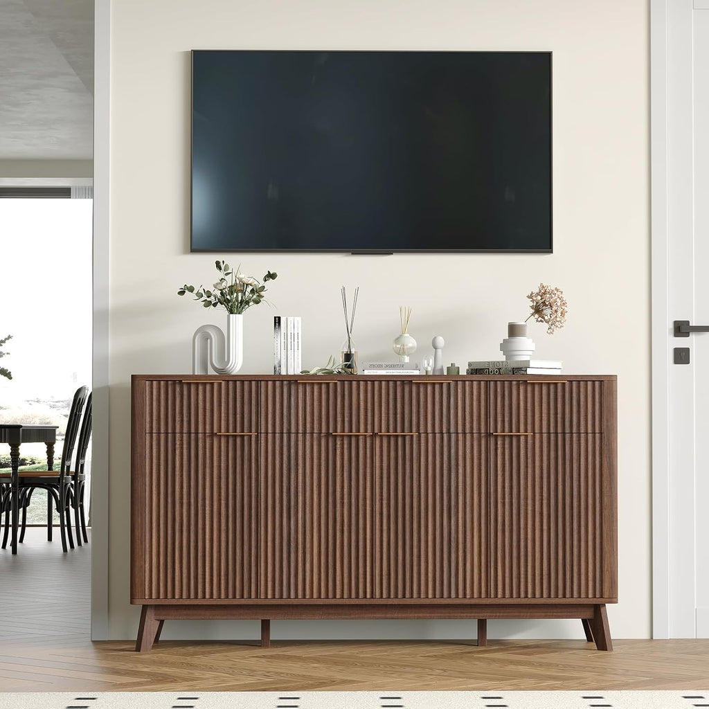 IDEALHOUSE 60" Large Farmhouse Sideboard Buffet Cabinet with Storage Drawers & Adjustable Shelves, Wood Fluted Buffet Storage Cabinet & Coffee Bar Console Table for Living Room & Kitchen Dining Room