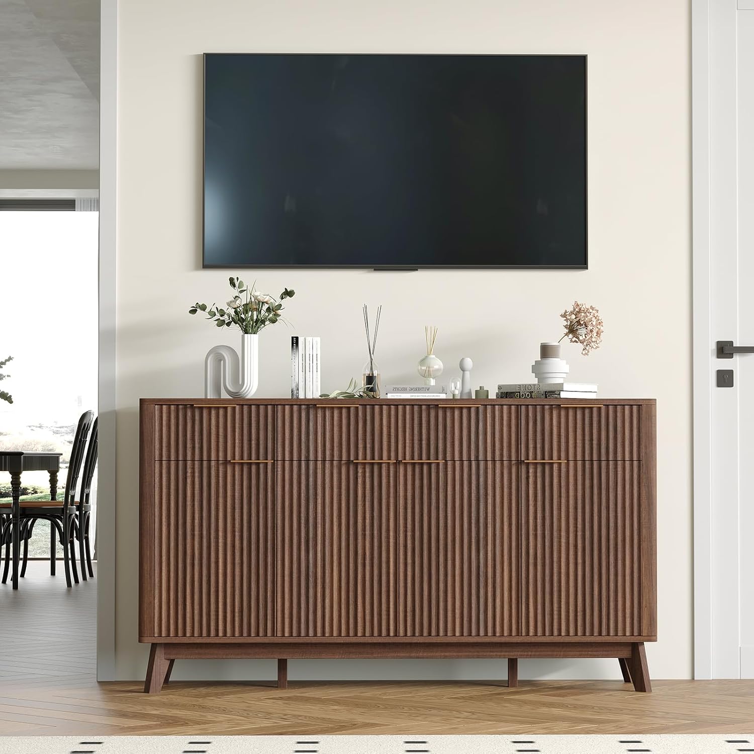 IDEALHOUSE 60" Large Farmhouse Sideboard Buffet Cabinet with Storage Drawers & Adjustable Shelves, Wood Fluted Buffet Storage Cabinet & Coffee Bar Console Table for Living Room & Kitchen Dining Room