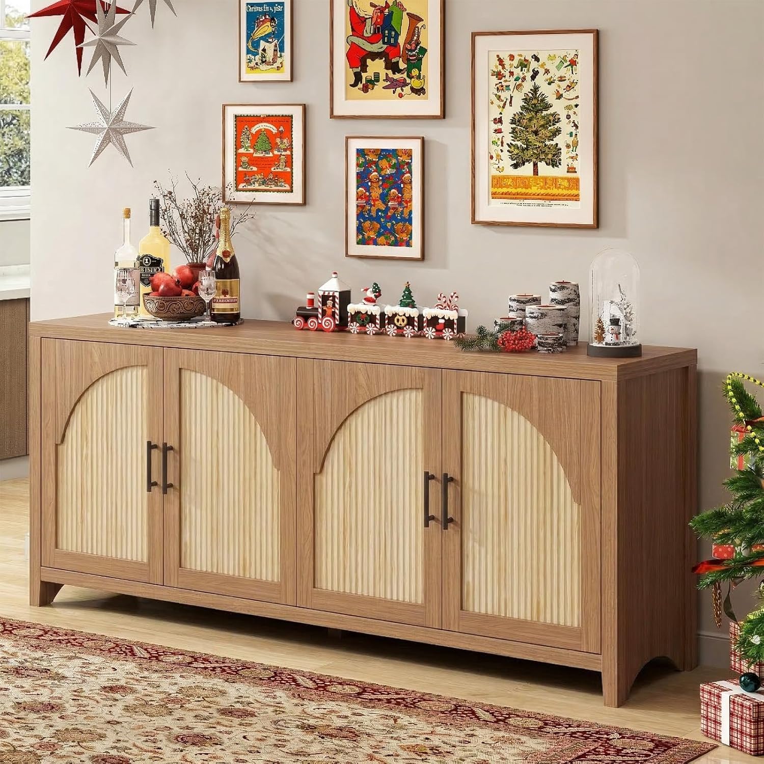 Bestier 70" Sideboard Buffet Cabinet with Storage, Large Modern Storage Credenza with Arch Fluted Doors & Adjustable Shelves, Farmhouse Wood Coffee Bar for Living Room, Kitchen, Entryway, English Oak