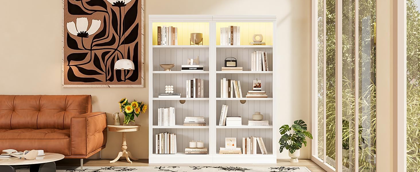 Merax 83.4" Tall Bookcase,Modern 5-Tier Decorative Bookshelf 2-Piece Set with Extra LED Light Strip & Adjustable Shelves,Storage Cabinet with Open Display for Home Office,Living Room,Kitchen,White