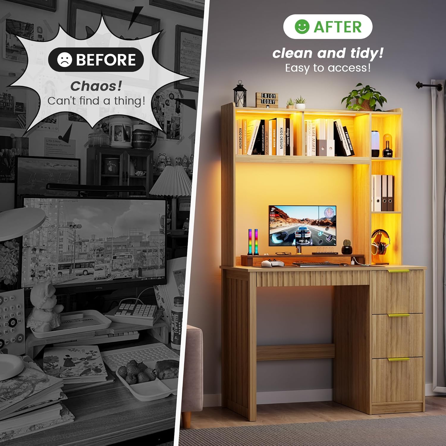 HNEBC Home Office Desk with Hutch and Drawers - 39" Standing Computer Desk with Charging Station&3 Color Lights,Hidden Compartment & Fluted Panel Design, LED Writing Desk for Bedroom, Study (Natural)