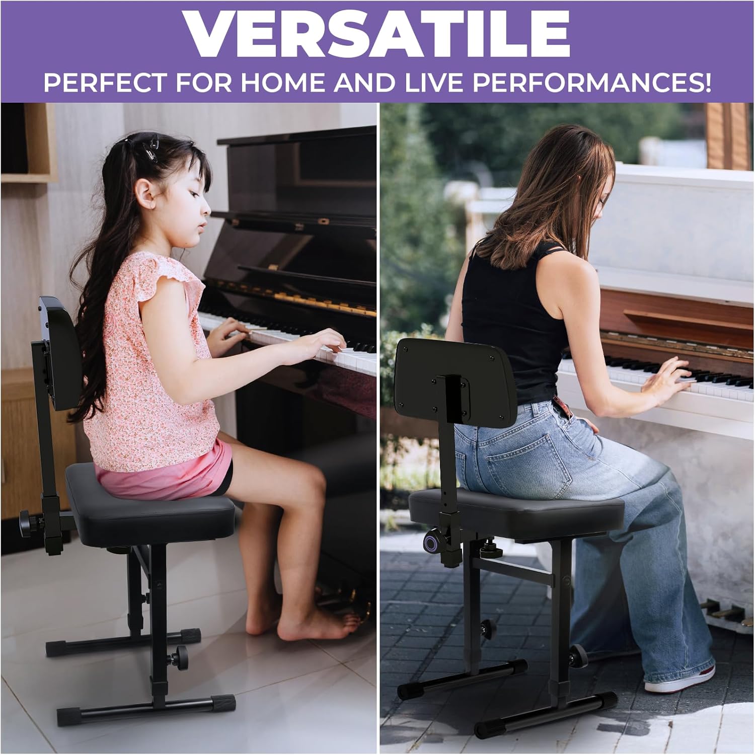 Liquid Stands Piano Bench Adjustable Stool – Music Keyboard Bench with Backrest Seat for Piano Keyboard Stand with Black Padded Cushion for Musicians Piano Stool Chair