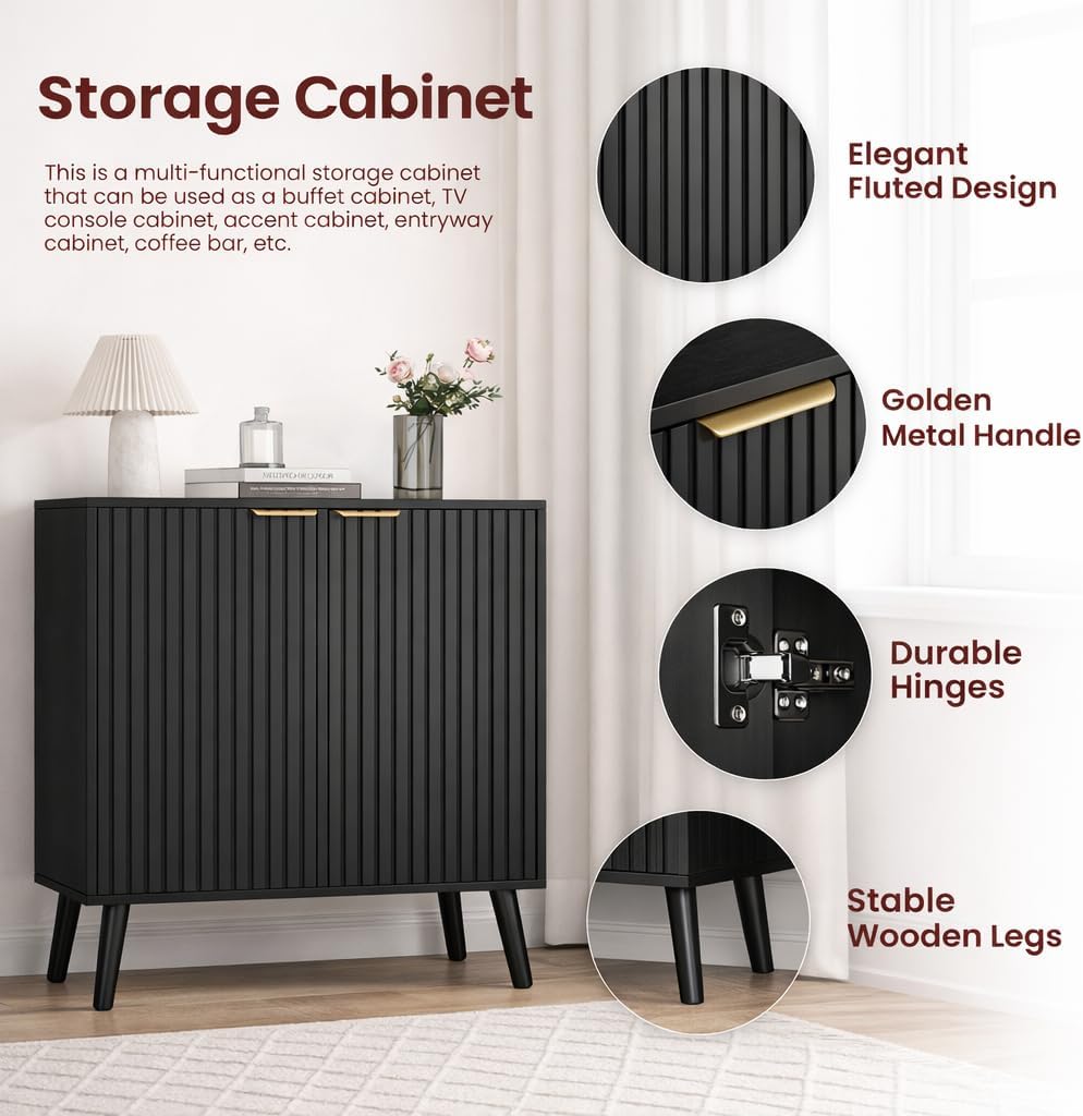 Pamapic Black Fluted Storage Cabinet, Sideboard Buffet with Doors and Shelf, Wooden Console Table & Credenza, Multifunctional Entryway Cabinet for Living Room, Dining Room (Black)