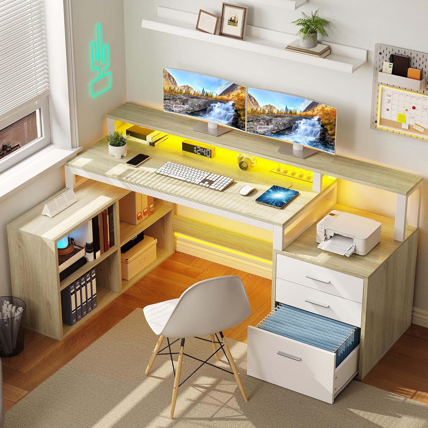 YITAHOME L Shaped Desk with 3 Drawers, 65" Corner Computer Desk with Power Outlets & LED Lights, L-Shaped Desk with File Cabinet & Printer Stand for Home Office, White & Oak