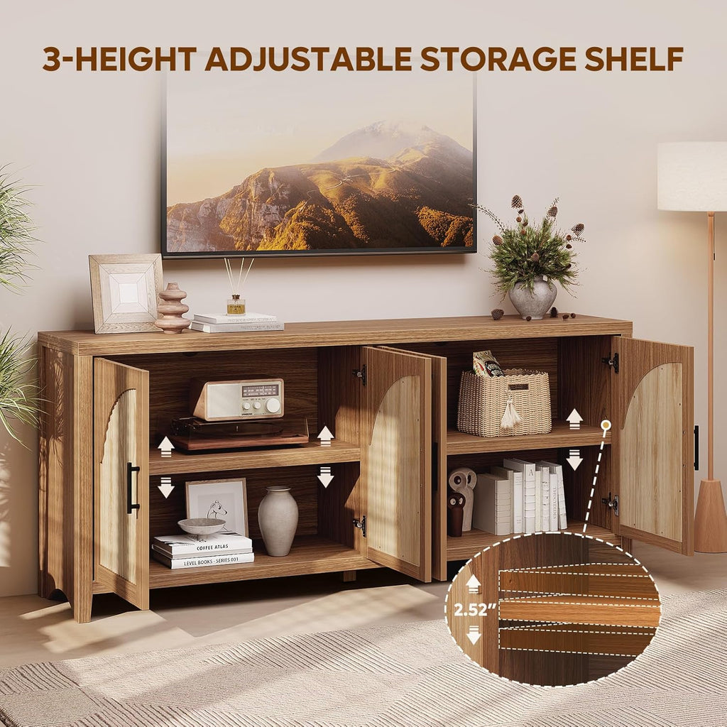 Bestier 70" Sideboard Buffet Cabinet with Storage, Large Modern Storage Credenza with Arch Fluted Doors & Adjustable Shelves, Farmhouse Wood Coffee Bar for Living Room, Kitchen, Entryway, English Oak