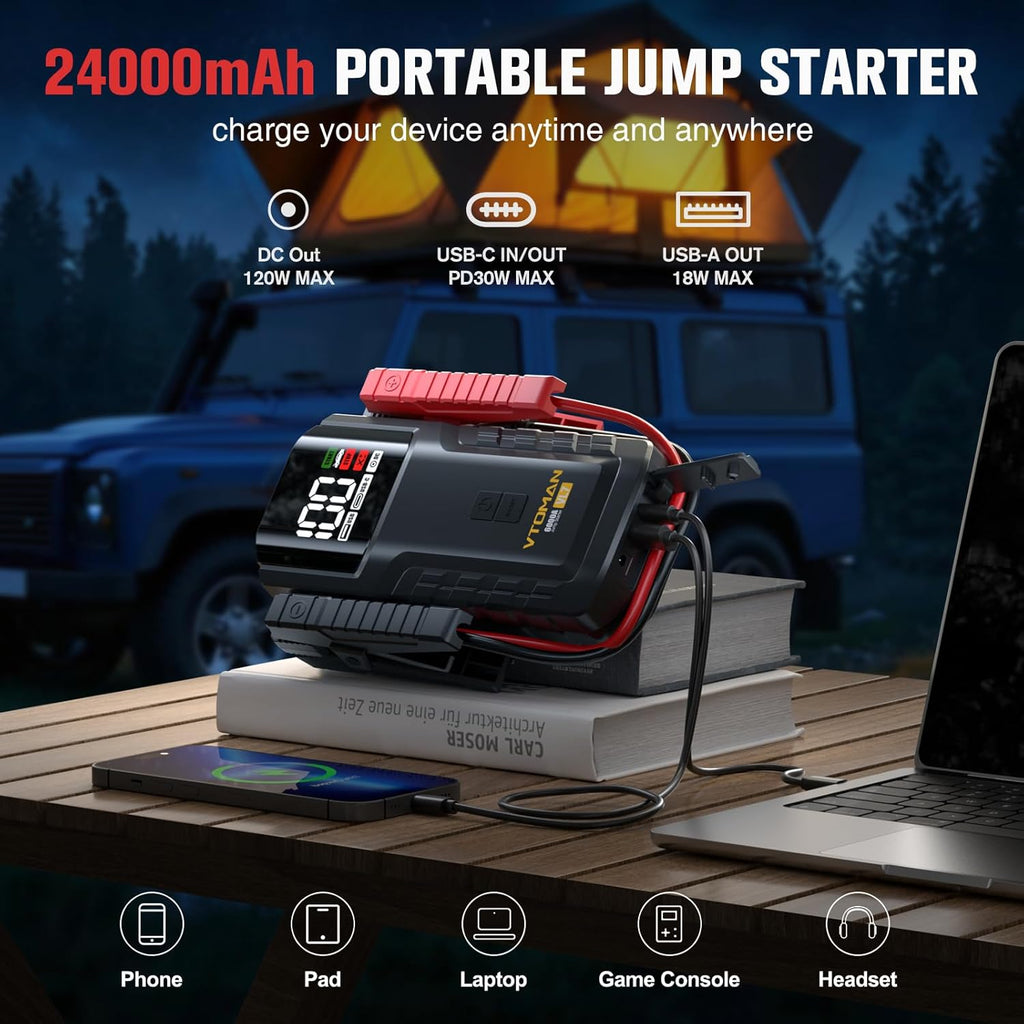 VTOMAN VL7 6000A Jump Starter Upgraded with LiFePO4 Battery,24000mAh Portable Car Battery Booster (All Gas/10L Diesel),12V Jump Box Power Pack with USB-A,Type-C & DC Output,LED Light,EVA Bag