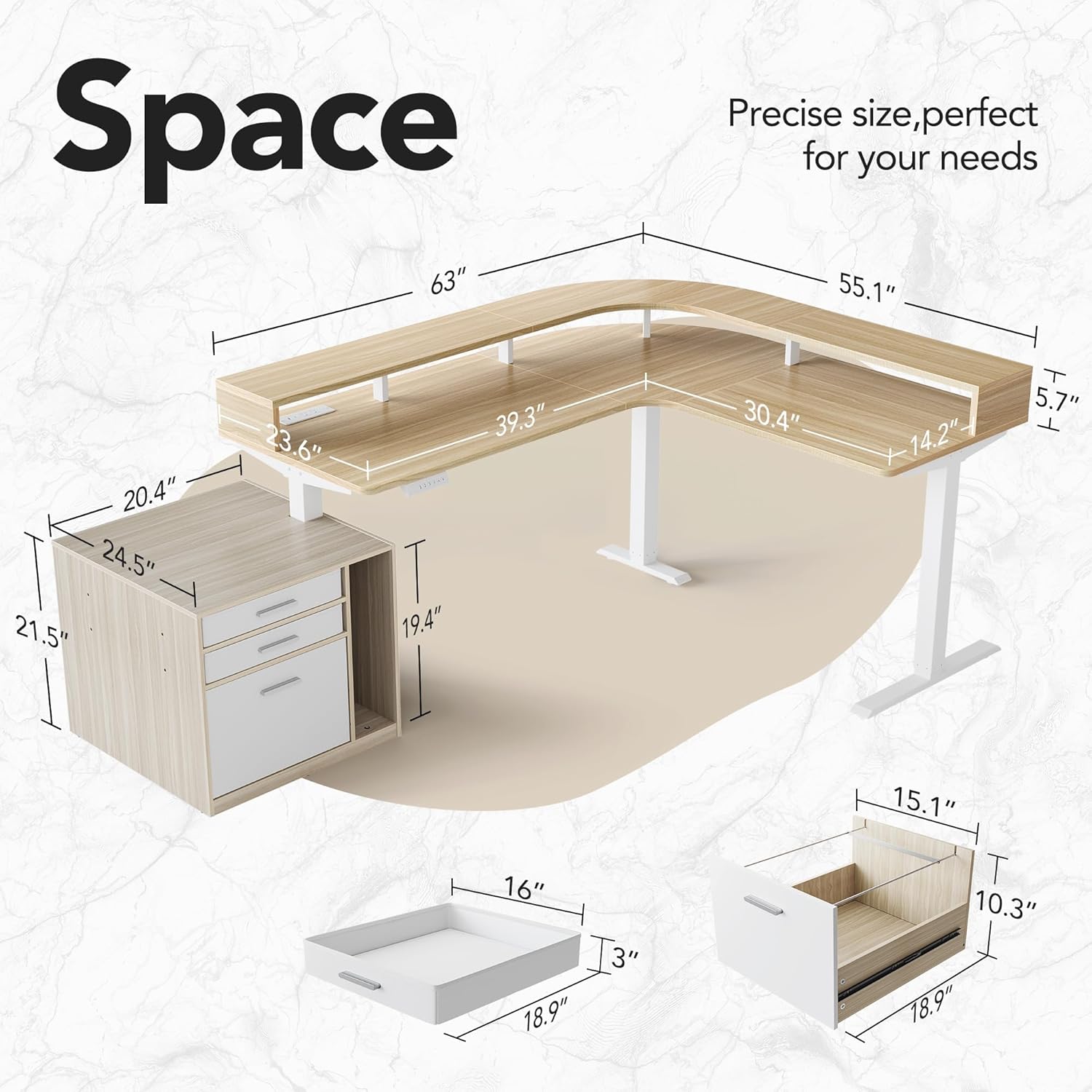 HUANUO Electric L Shaped Standing Desk with File Cabinet, 63" x 55" Height Adjustable Sit Stand up Desk with LED Strip, Power Outrlets & Cable Management Tray, Corner Computer Table, Light Walnut