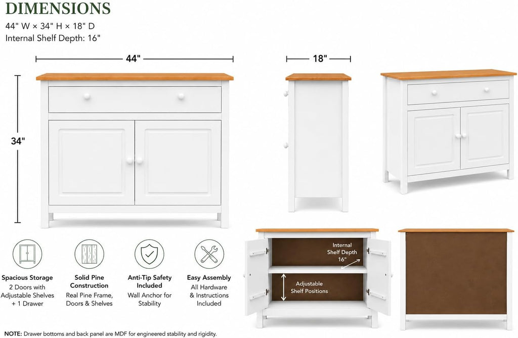 From the Tree Furniture 44" Wide White & Pine Top Solid Pine Shaker Sideboard Buffet Cabinet — 2 Doors, Adjustable Shelves & 1 Drawer — Anti-Tip Included — Two-Tone Farmhouse Finish for Dining Room