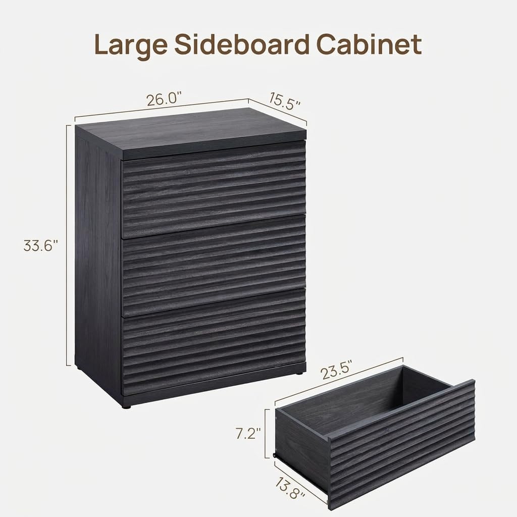 SICOTAS Sideboard Buffet Storage Cabinet, Fluted Credenza Liquor Cabinet with 3 Drawers, Mid Century Modern Coffee Bar Cabinet Console Table for Kitchen Hallway (3 Pieces)