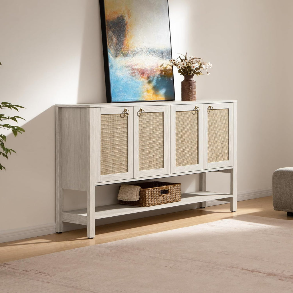 SICOTAS Sideboard Buffet Cabinet with Rattan Doors, 55" Boho Coffee Bar Cabinet with Open Shelf, Modern Farmhouse Credenza & Console Table for Entryway, Kitchen, Dining Room