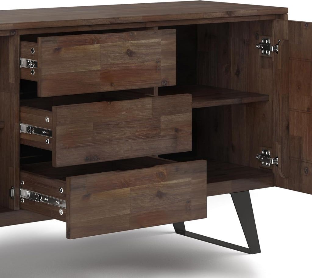 SIMPLIHOME Lowry Buffet - 60 inch Wide Solid Acacia Wood 3-Door Sideboard Buffet in Rustic Natural Aged Brown, Modern Industrial Cabinet for Dining Room with Metal Base and Adjustable Shelves